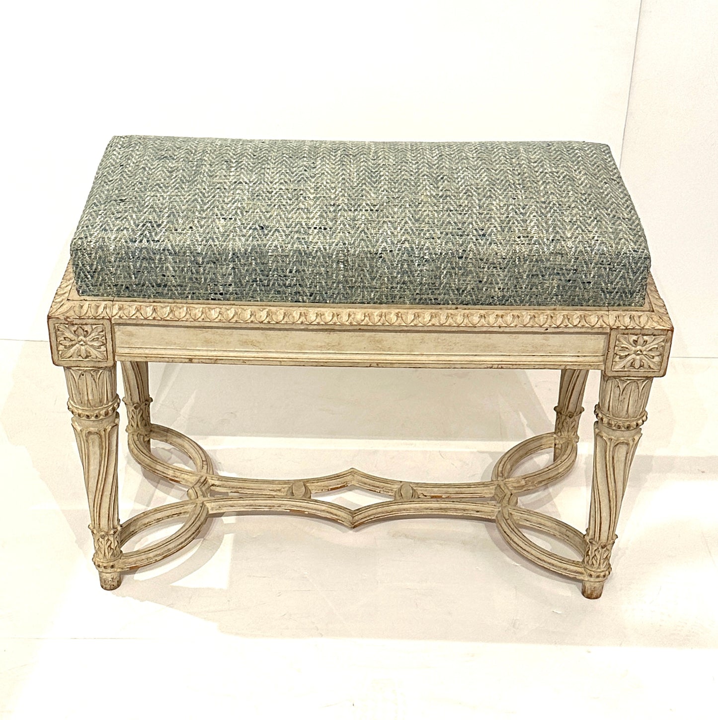 Pair of Antique Gessoed and Waxed Damask Upholstered Benches – Continental Circa 1900