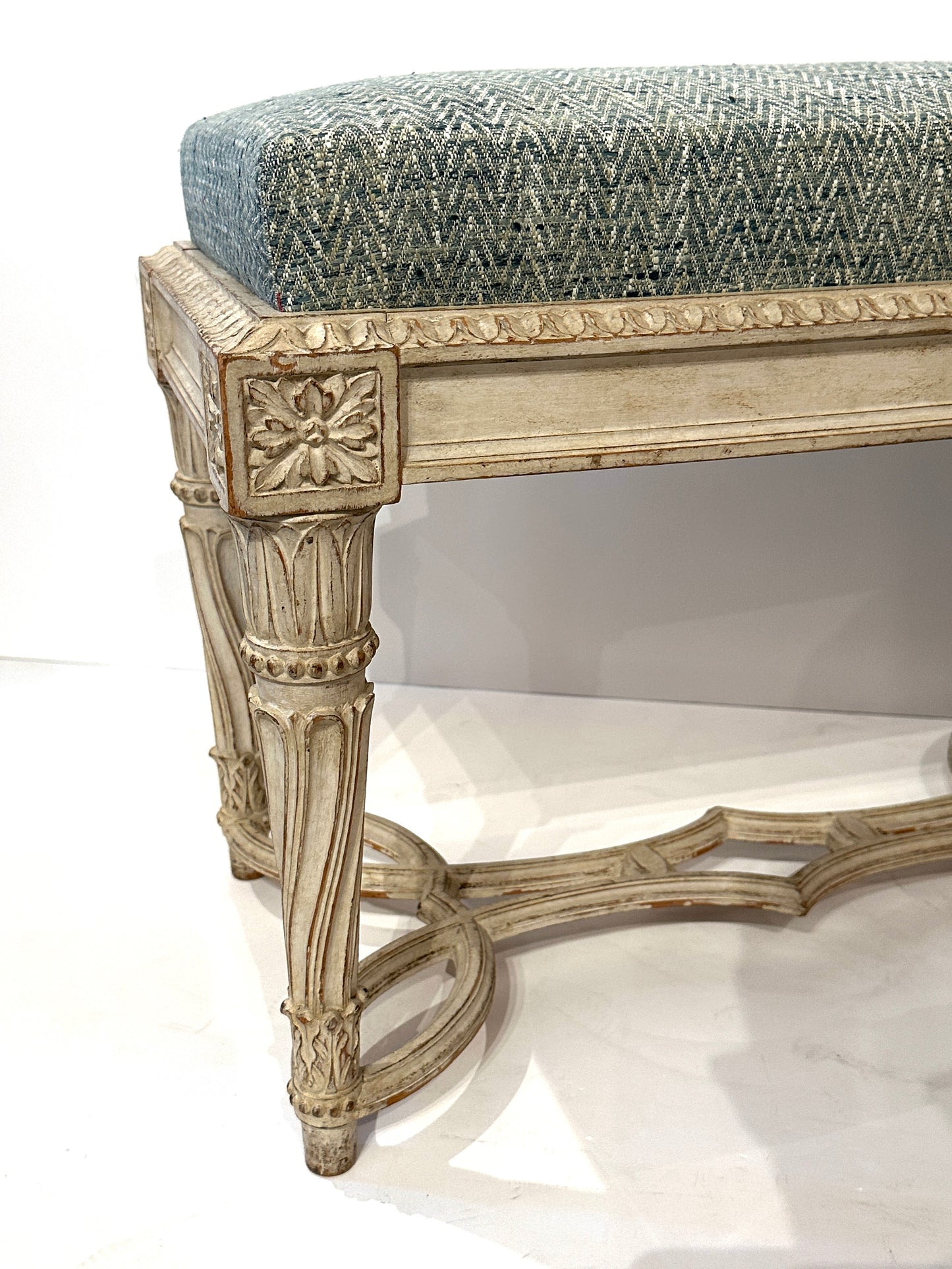 Pair of Antique Gessoed and Waxed Damask Upholstered Benches – Continental Circa 1900