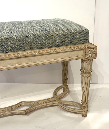 Pair of Antique Gessoed and Waxed Damask Upholstered Benches – Continental Circa 1900