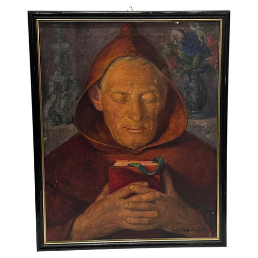 Framed, Italian, Oil on Canvas of a Monk with a Prayer Book.  Signed and Dated 1955.