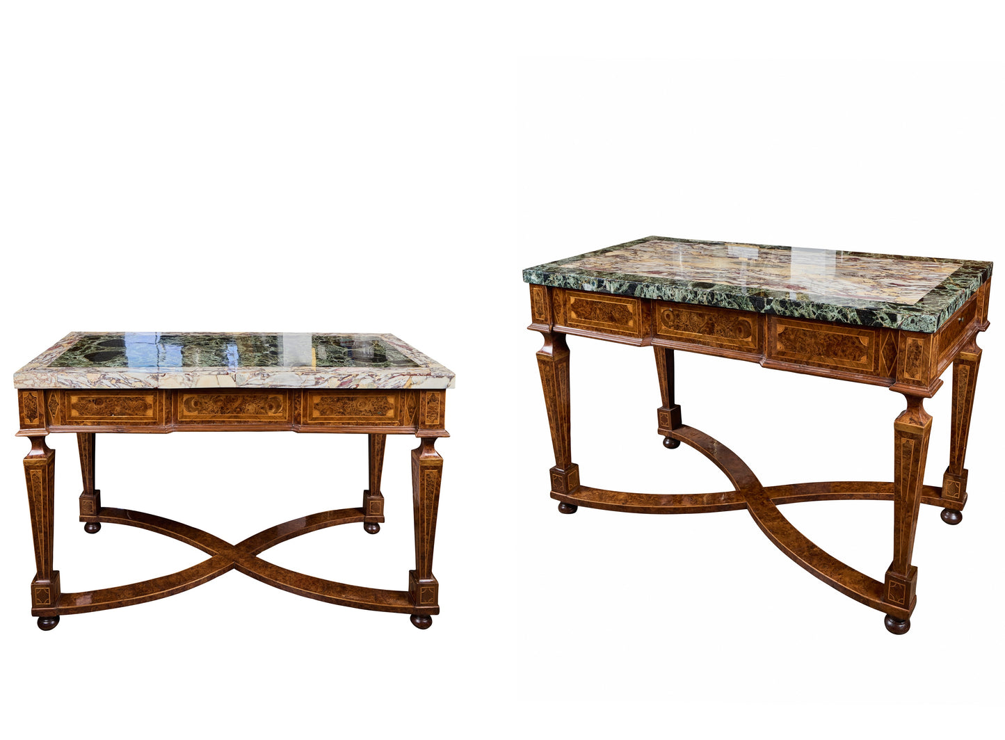 Pair of Italian 19th Century Burled Walnut and Pear-wood Consoles with Marble Tops
