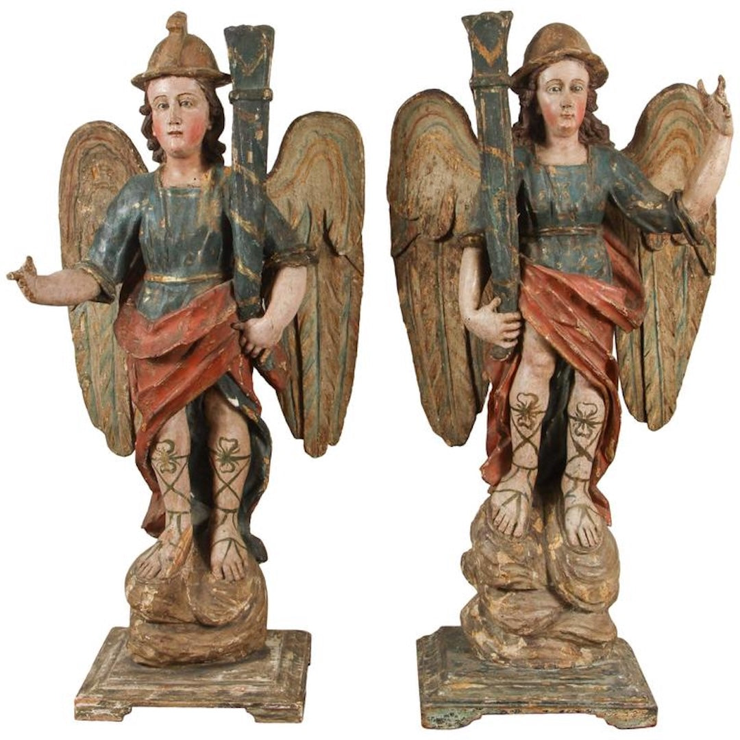 Pair of Hand-Carved and Polychromed Angel Sculptures. Circa 1785.