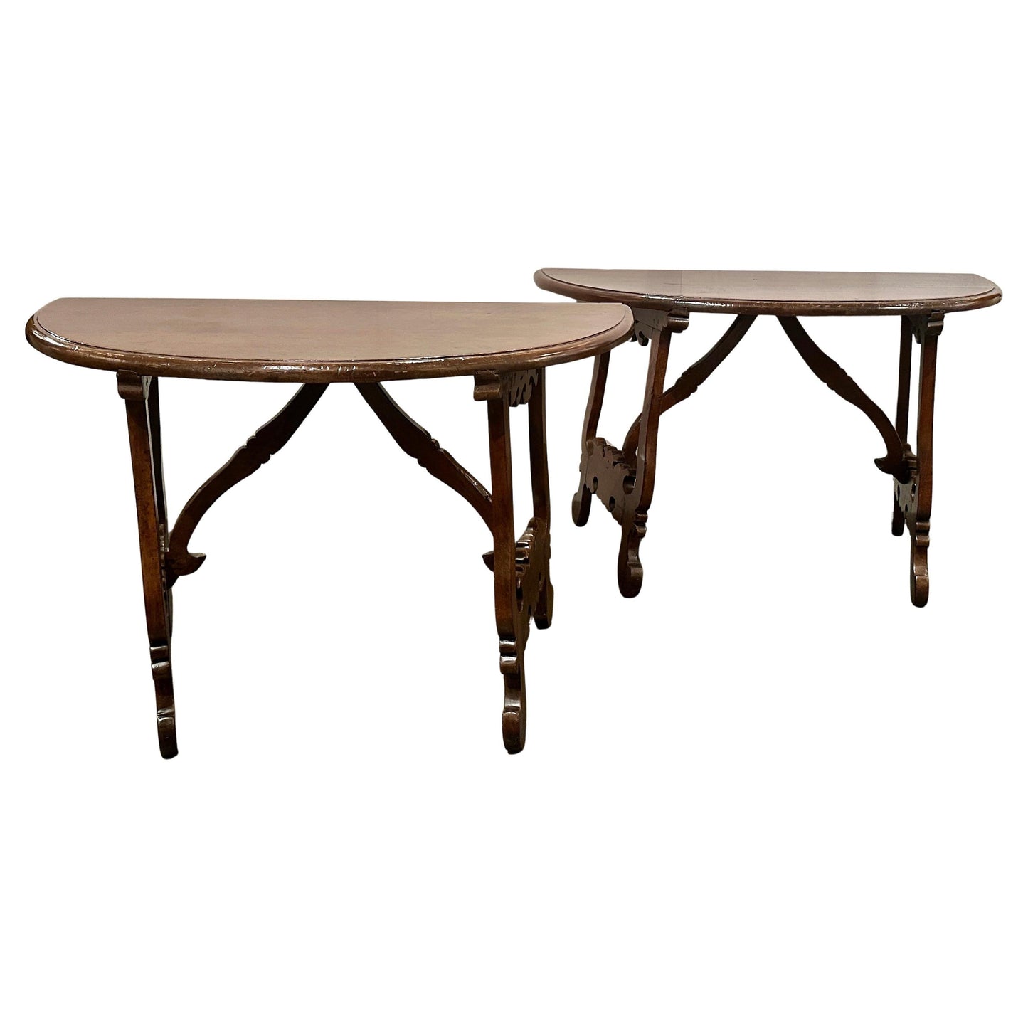 Pair of Late 1700's Walnut Trestle Leg Demi-lune Console Tables