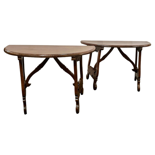 Pair of Late 1700's Walnut Trestle Leg Demi-lune Console Tables