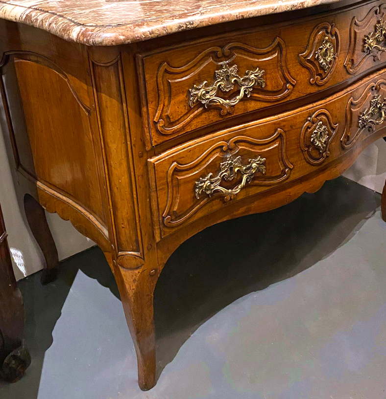 French Walnut Marble Top 2 Drawer Commode