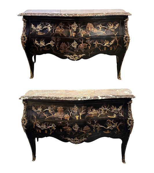 Pair of Maison Jansen Chinoiserie Marble Top Lacquered Commodes