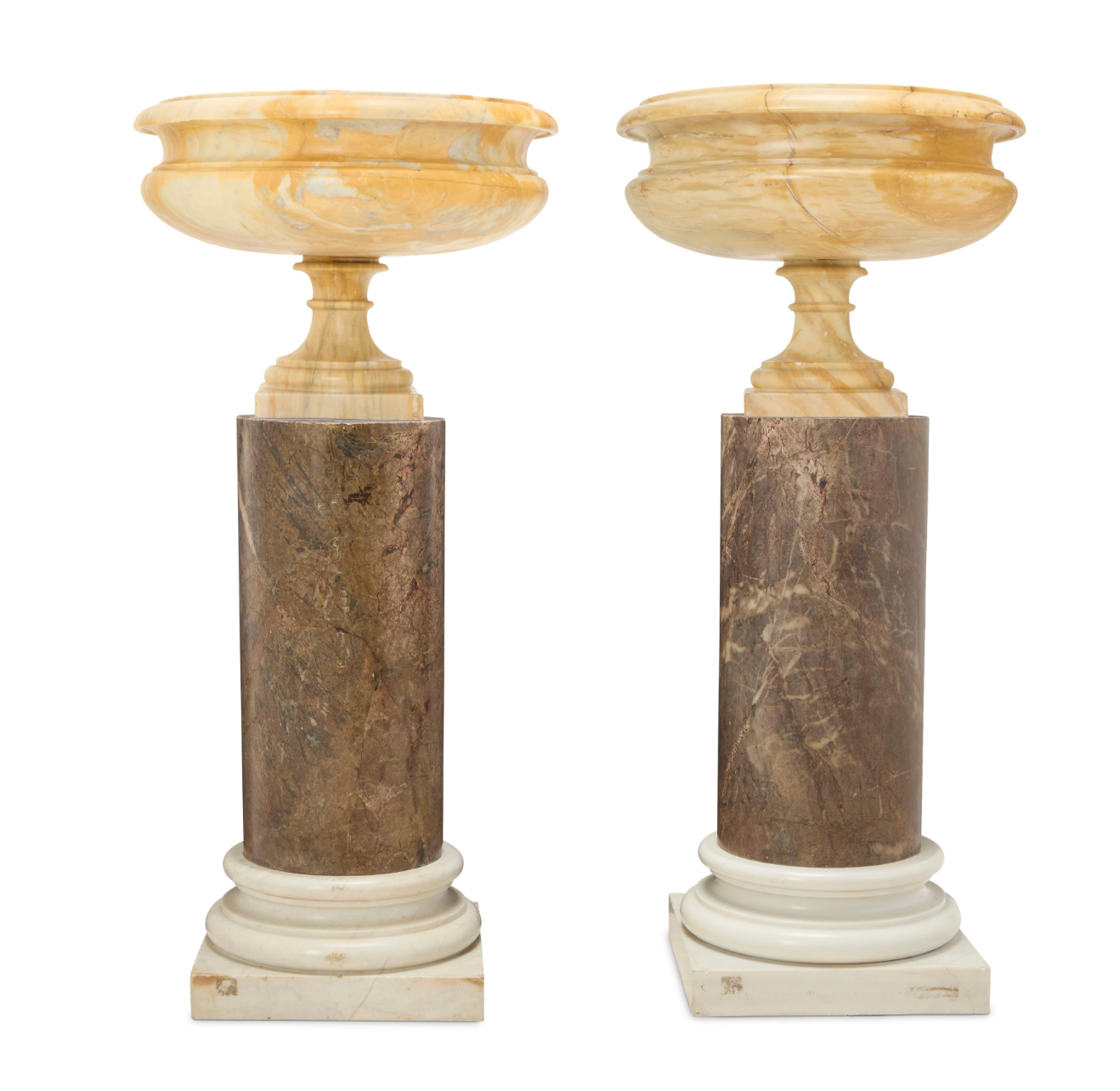 Pair of Large Hand-Carved Marble Urns on Classical Round Pedestals — 20th Century