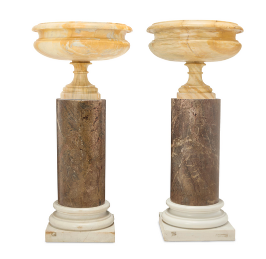 Pair of Large Hand-Carved Marble Urns on Classical Round Pedestals — 20th Century