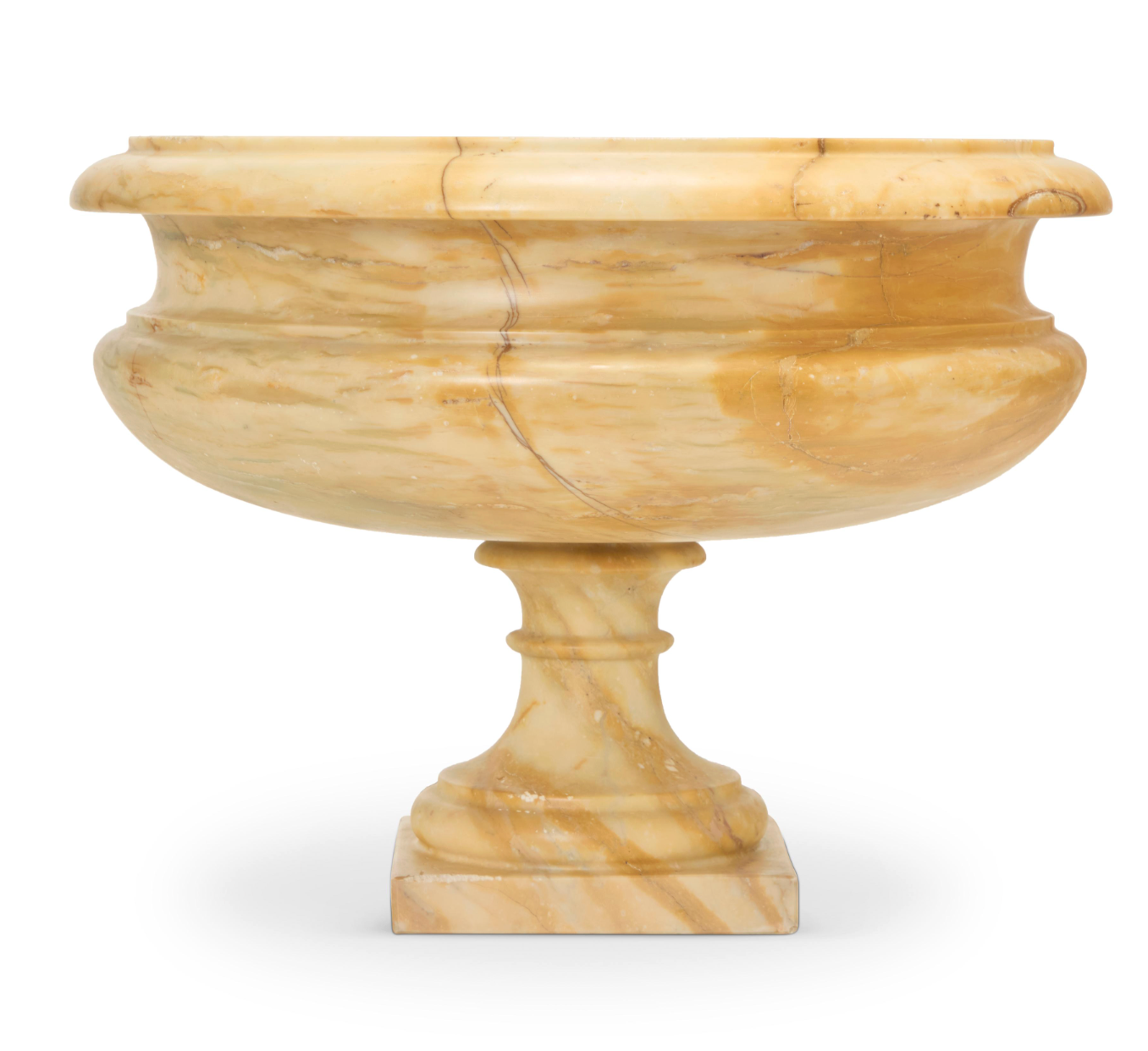 Pair of Large Hand-Carved Marble Urns on Classical Round Pedestals — 20th Century