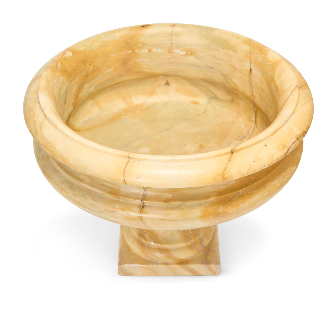 Pair of Large Hand-Carved Marble Urns on Classical Round Pedestals — 20th Century