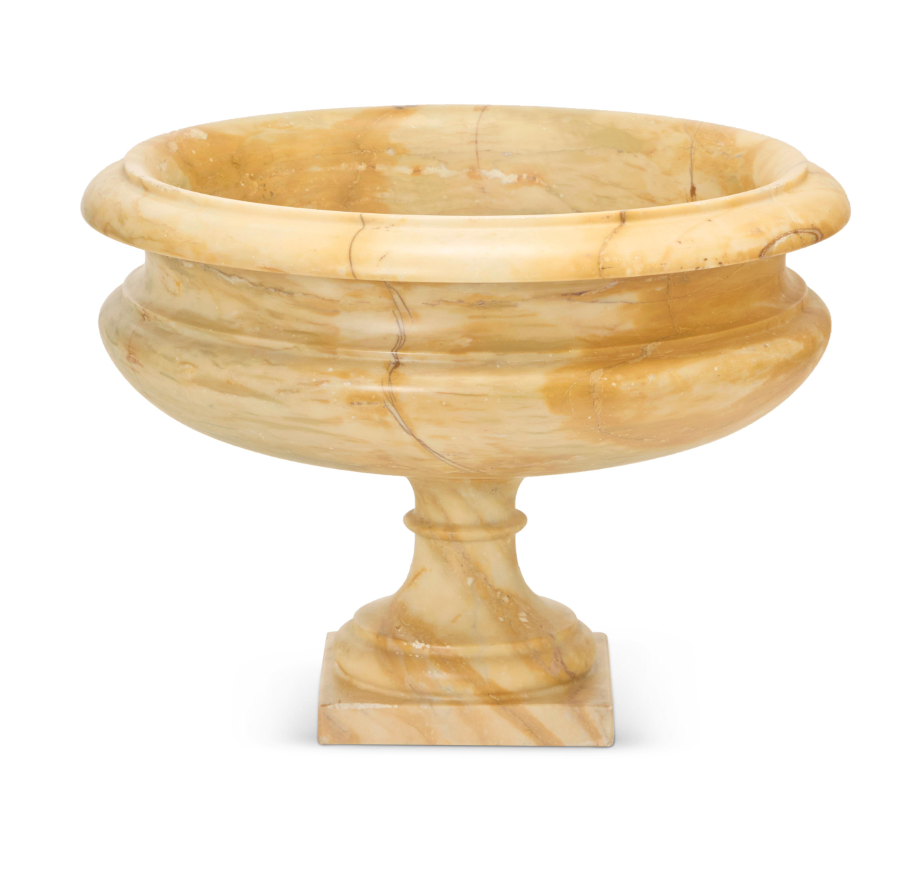 Pair of Large Hand-Carved Marble Urns on Classical Round Pedestals — 20th Century