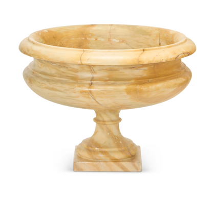 Pair of Large Hand-Carved Marble Urns on Classical Round Pedestals — 20th Century