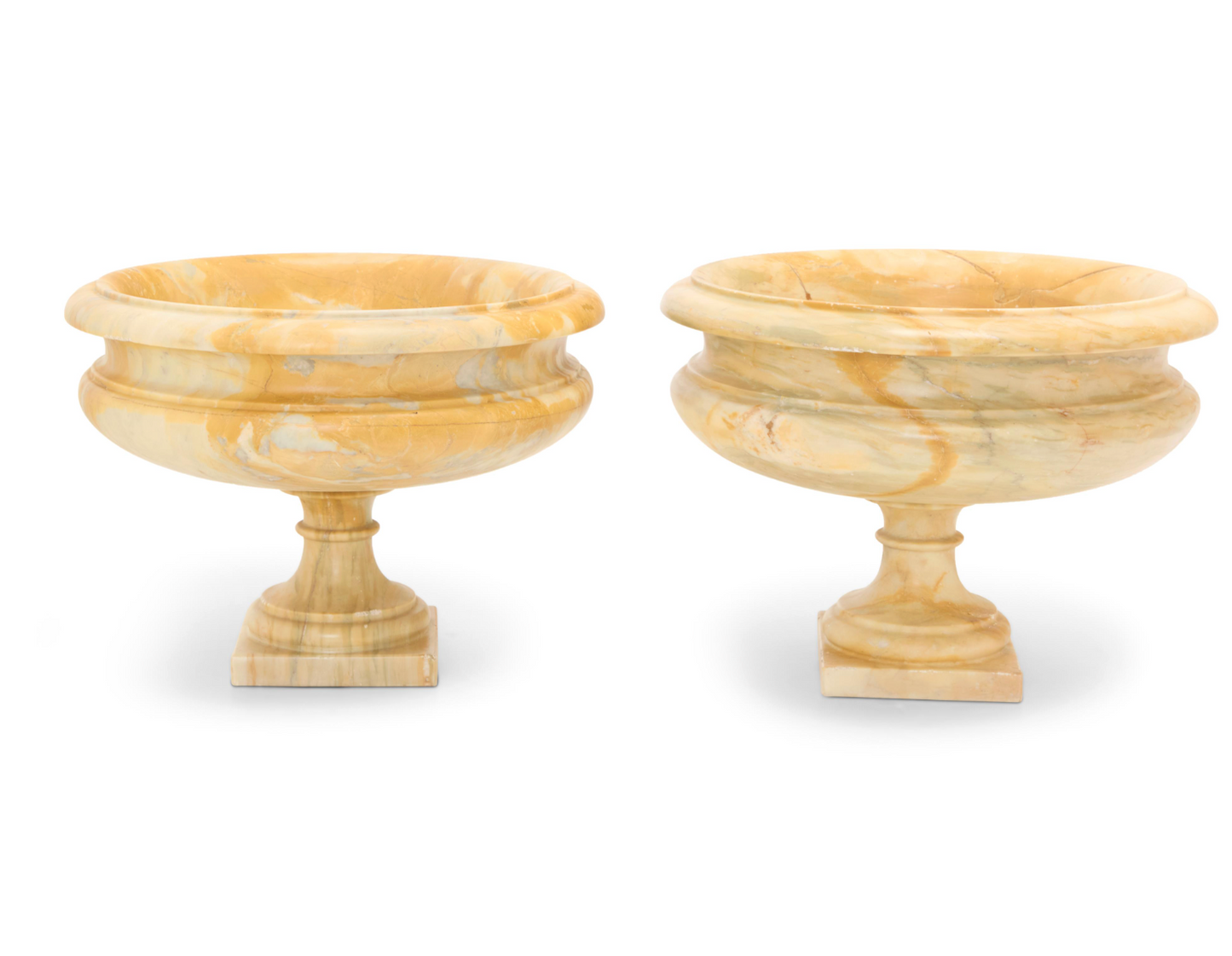 Pair of Large Hand-Carved Marble Urns on Classical Round Pedestals — 20th Century