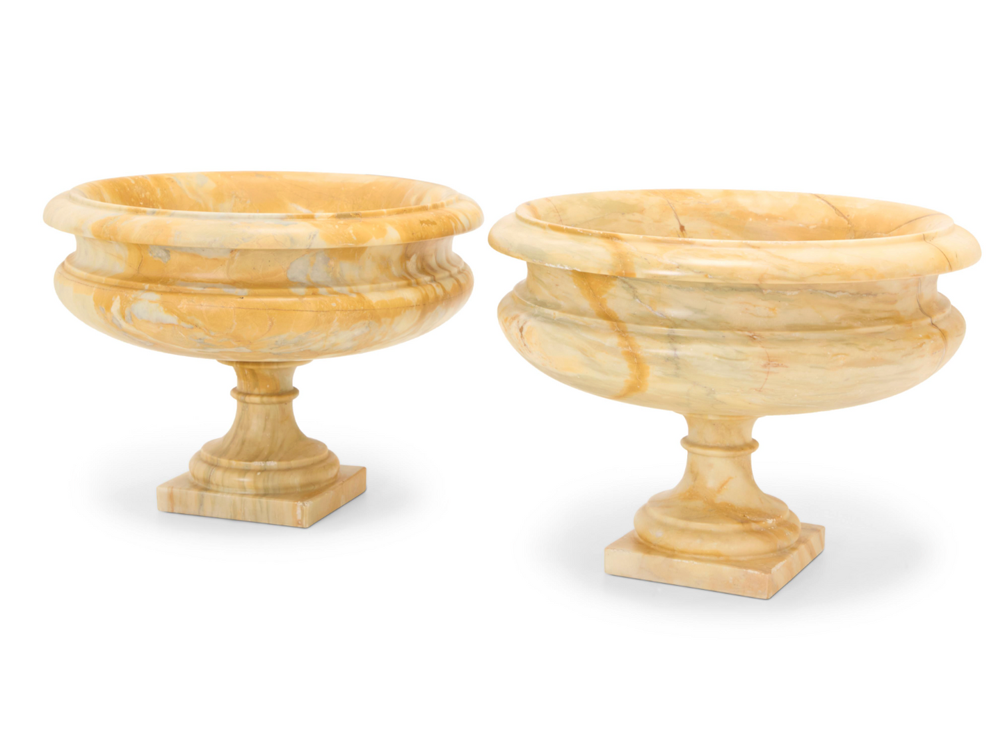Pair of Large Hand-Carved Marble Urns on Classical Round Pedestals — 20th Century