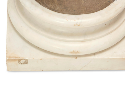 Pair of Large Hand-Carved Marble Urns on Classical Round Pedestals — 20th Century