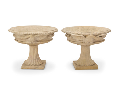 Grand Scale Pair of Hand-Carved Stone Pedestal Urns with Bird Motifs — 20th Century