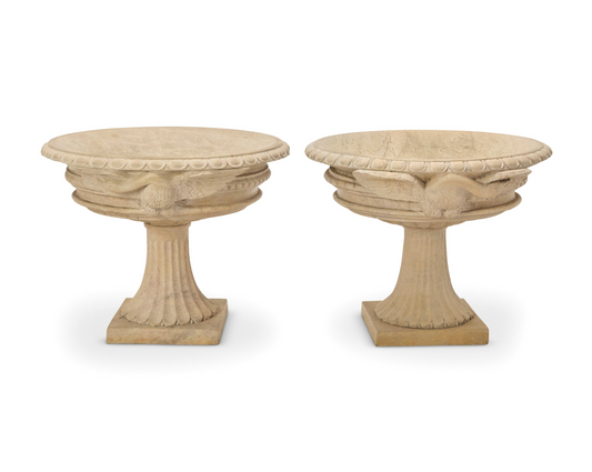 Grand Scale Pair of Hand-Carved Stone Pedestal Urns with Bird Motifs — 20th Century