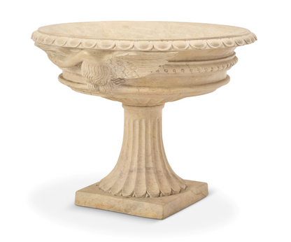 Grand Scale Pair of Hand-Carved Stone Pedestal Urns with Bird Motifs — 20th Century