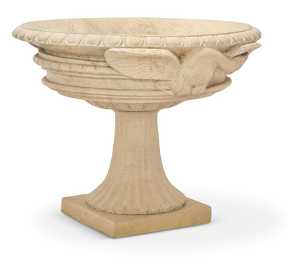 Grand Scale Pair of Hand-Carved Stone Pedestal Urns with Bird Motifs — 20th Century