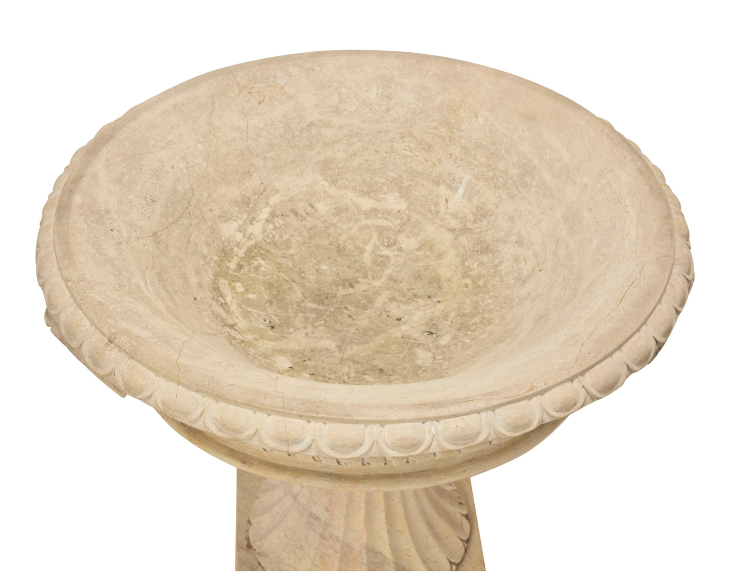 Grand Scale Pair of Hand-Carved Stone Pedestal Urns with Bird Motifs — 20th Century