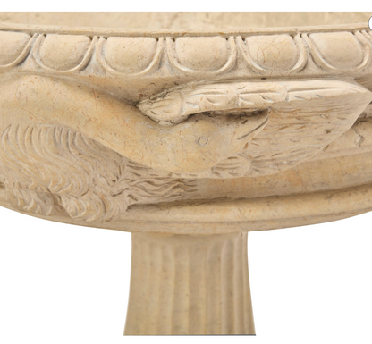 Grand Scale Pair of Hand-Carved Stone Pedestal Urns with Bird Motifs — 20th Century
