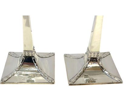 Pair of English Arts and Crafts, Hallmarked Sterling Silver Candlesticks-Circa 1905