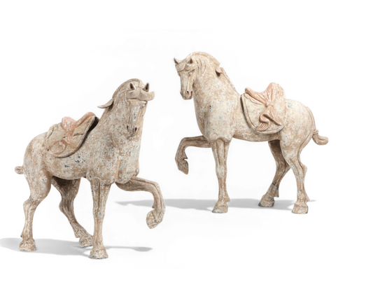 Pair of Chinese Pottery Prancing Horses Tang Period or Possibly Later