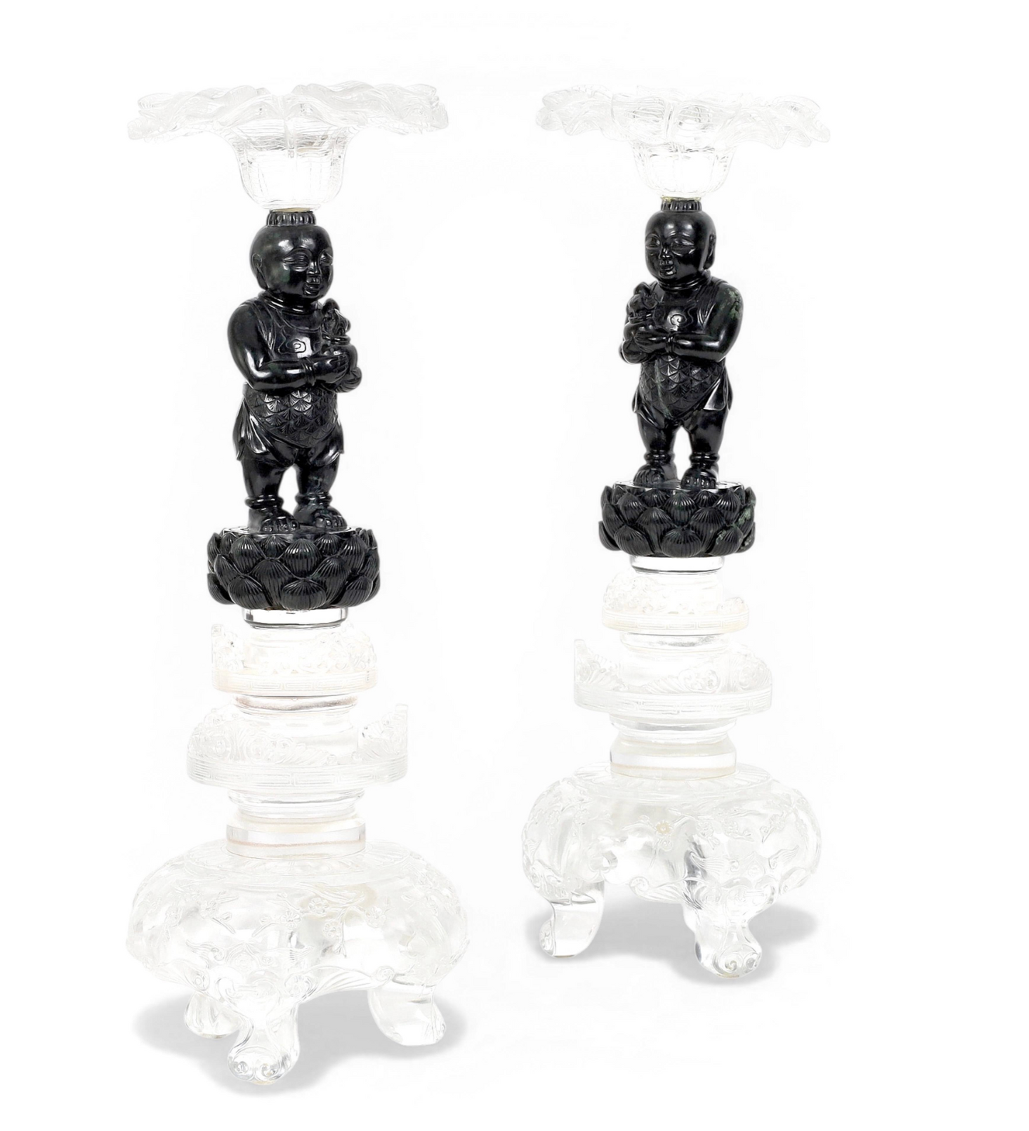 Pair of Modern Glass and Hardstone Chinese Candlesticks