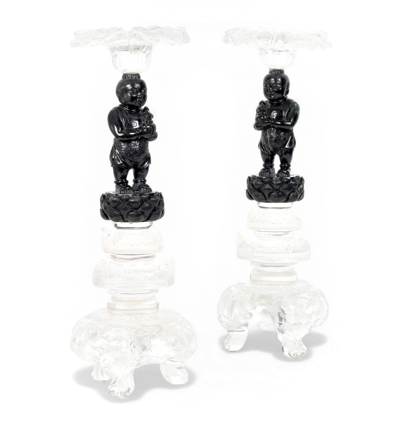 Pair of Modern Glass and Hardstone Chinese Candlesticks