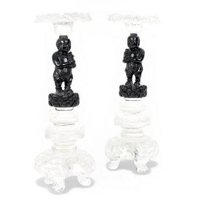 Pair of Modern Glass and Hardstone Chinese Candlesticks