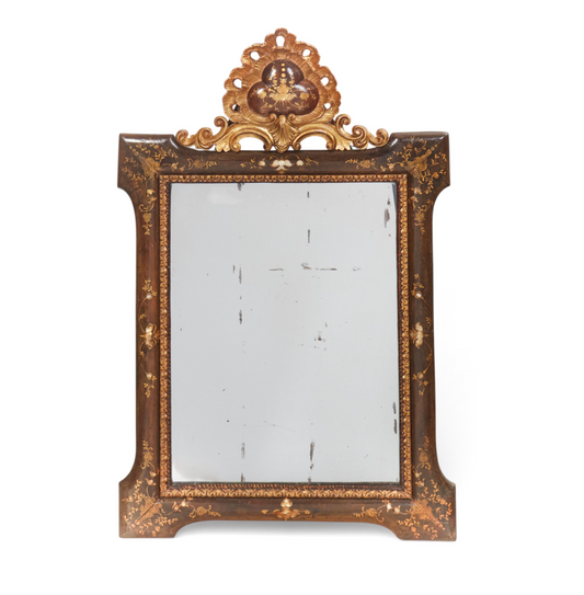 Italian Baroque Parcel Gilt, Paint and Inlaid Shell Decorated Mirror