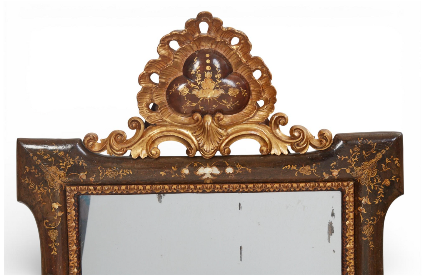 Italian Baroque Parcel Gilt, Paint and Inlaid Shell Decorated Mirror