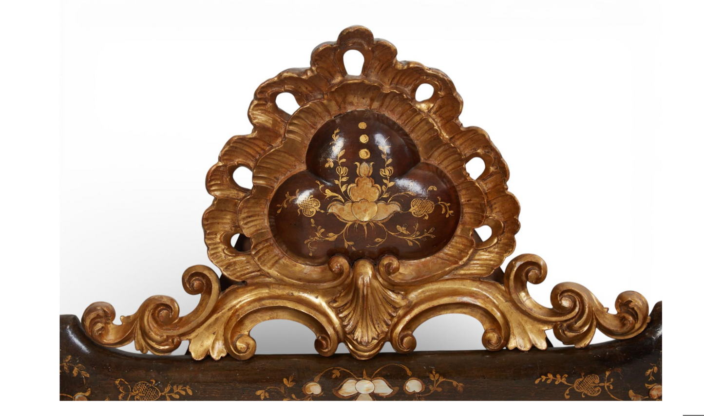 Italian Baroque Parcel Gilt, Paint and Inlaid Shell Decorated Mirror