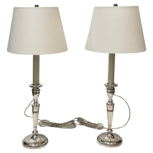 Pair Sterling Silver Candlestick Lamps