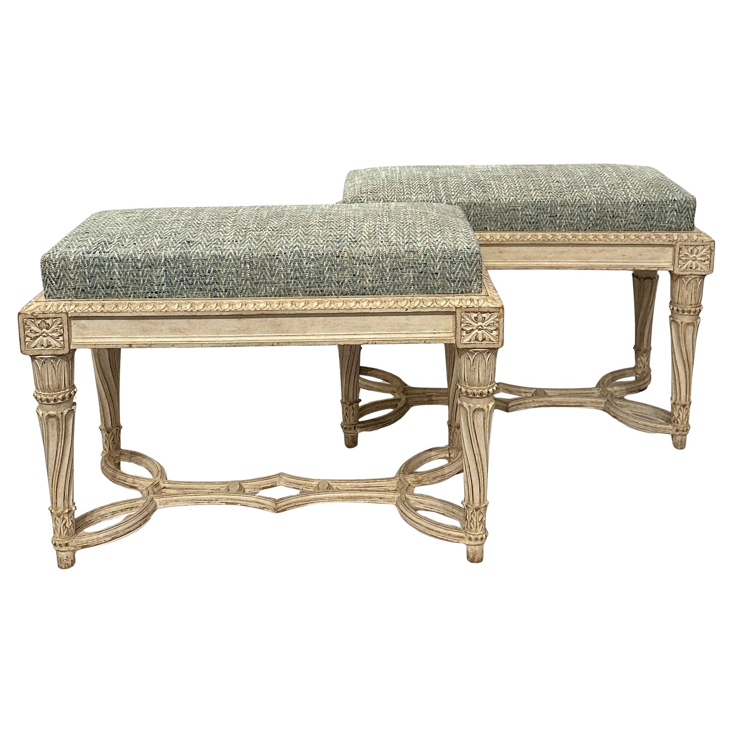 Pair of Antique Gessoed and Waxed Damask Upholstered Benches – Continental Circa 1900