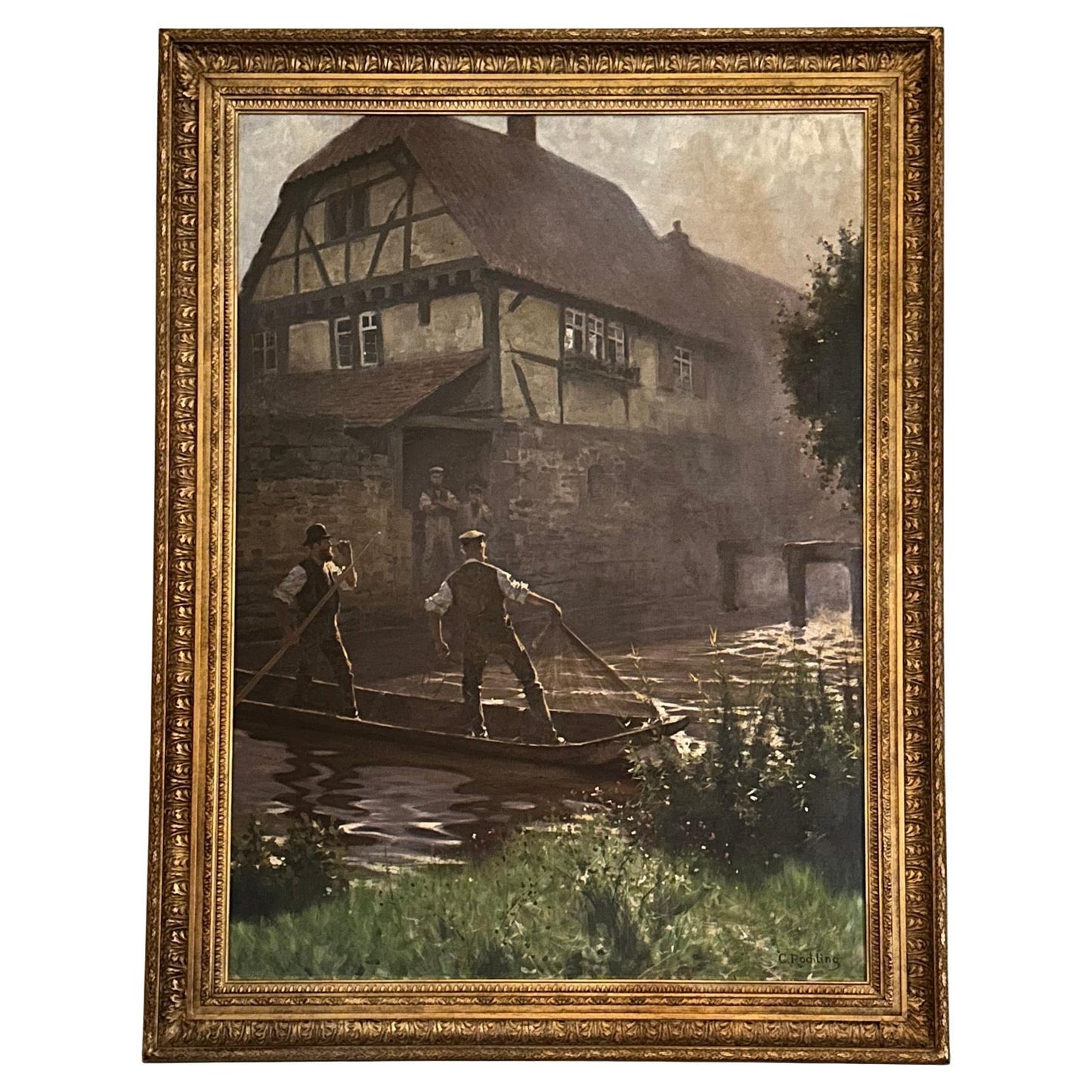 "Fishing In A Castle Moat" Large Oil on Canvas by Carl Rochling