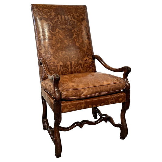 Walnut Armchair with Burnished Patterned Leather