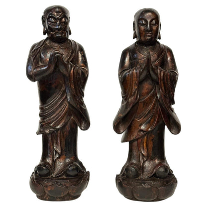 Pair of 19th Century Hand-Carved Buddhist Monks