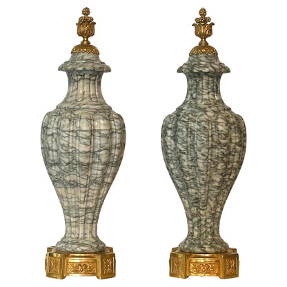 Pair of Louis XVI Style Cippolino Marble Urns