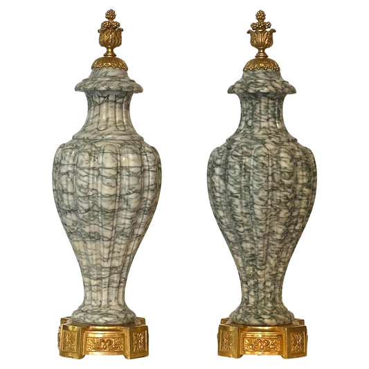 Pair of Louis XVI Style Cippolino Marble Urns