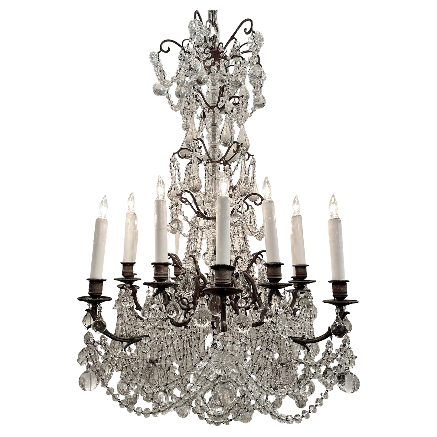 Italian Crystal Beaded Chandelier, Bronze with Traces of Gilding — 12 Lights, 1920s