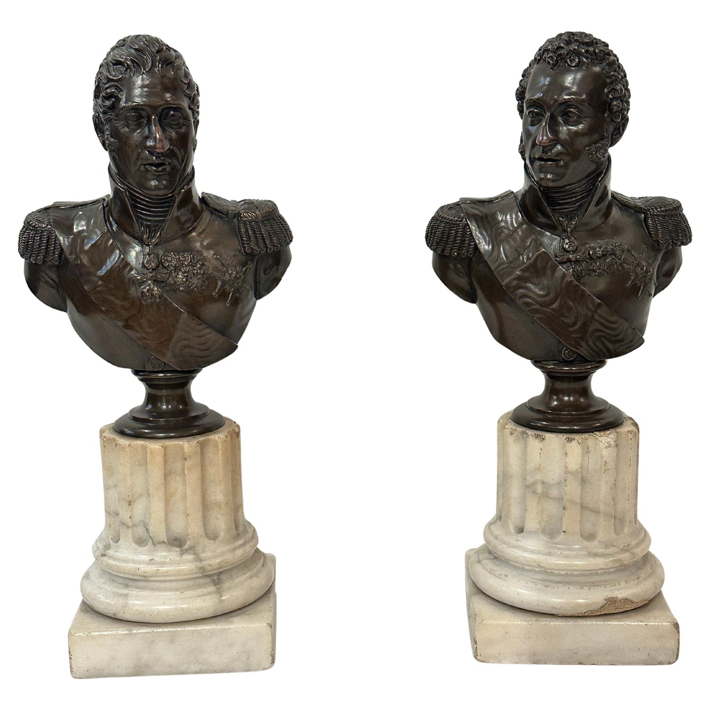 Pair of French, 19th Century Bronze Busts of Generals on Marble Bases
