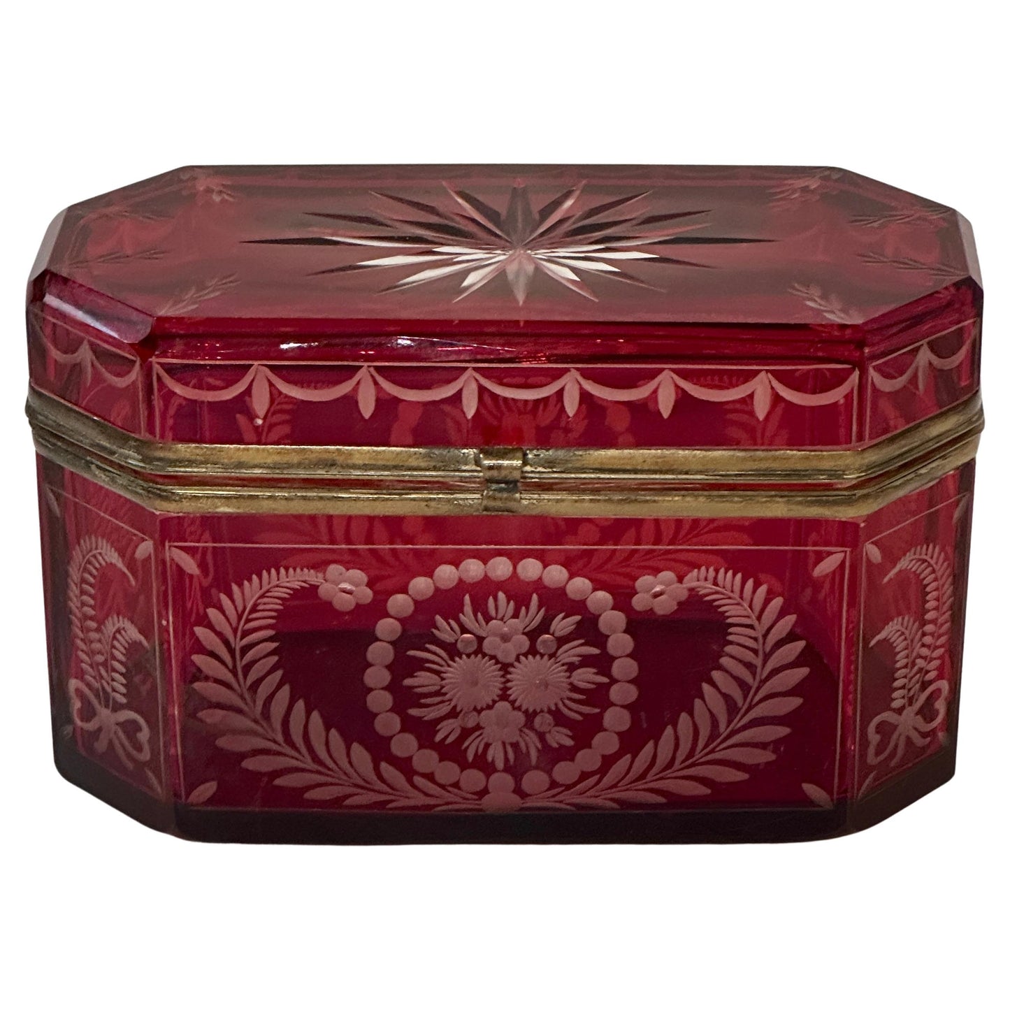 19th Century Cut and Etched Cranberry Glass Box
