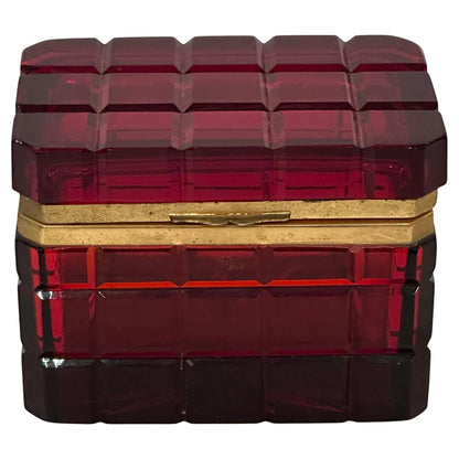 Continental Cranberry Cut Glass Hinged Box with Gilded Bronze Mounts.  19th Century.