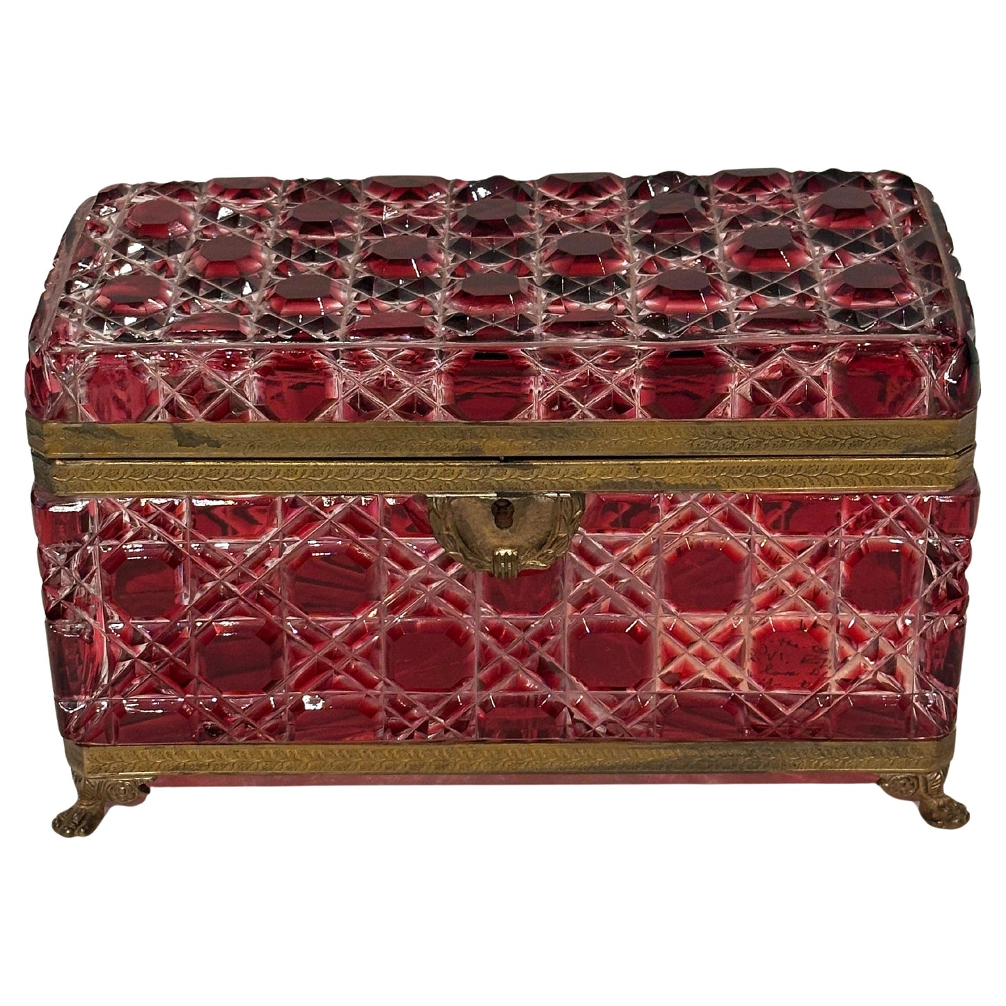 English, George VI Cut Glass Hinged Box with Incised Gilt Bronze Mounts