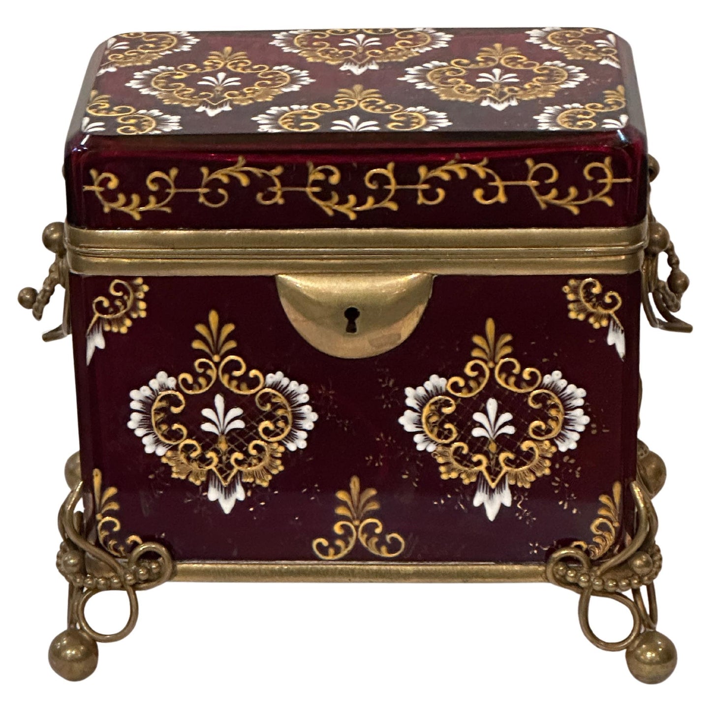 Continental Cranberry Glass Box with Enamel Decoration and Gilded Bronze Mounts.  Late 19th Century