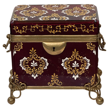 Continental Cranberry Glass Box with Enamel Decoration and Gilded Bronze Mounts.  Late 19th Century