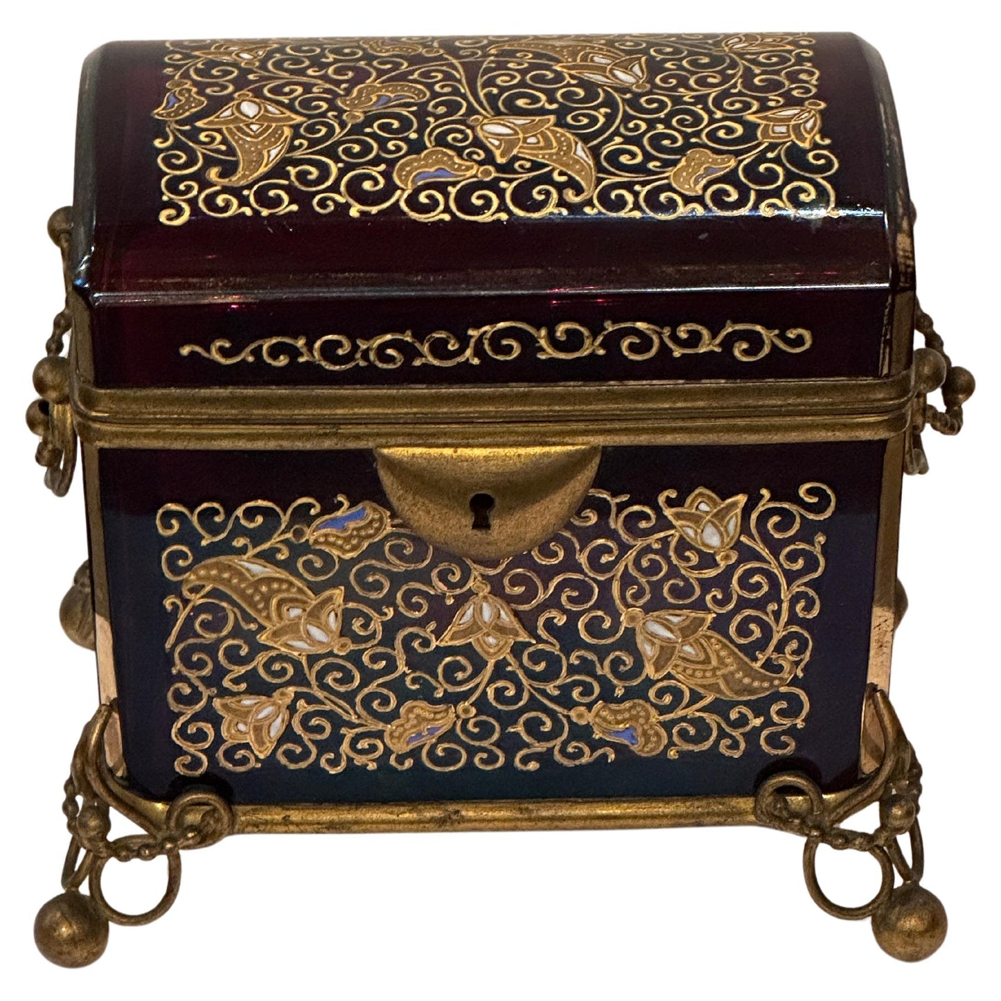 Hinged Cranberry Glass Box with Enamel Decoration and Gilded Bronze Mounts.  19th Century