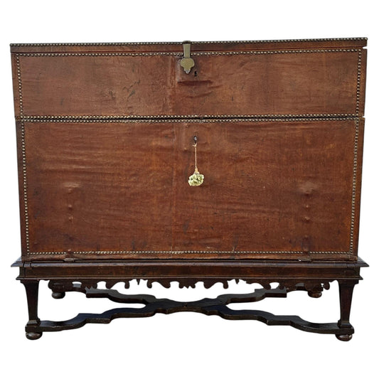 Italian Leather Storage Chest with Nailhead Trim on Custom Walnut Stand — Circa 1800