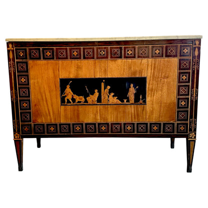 Italian Neoclassical Marquetry Storage Commode with Carrara Marble Top — Circa 1940's